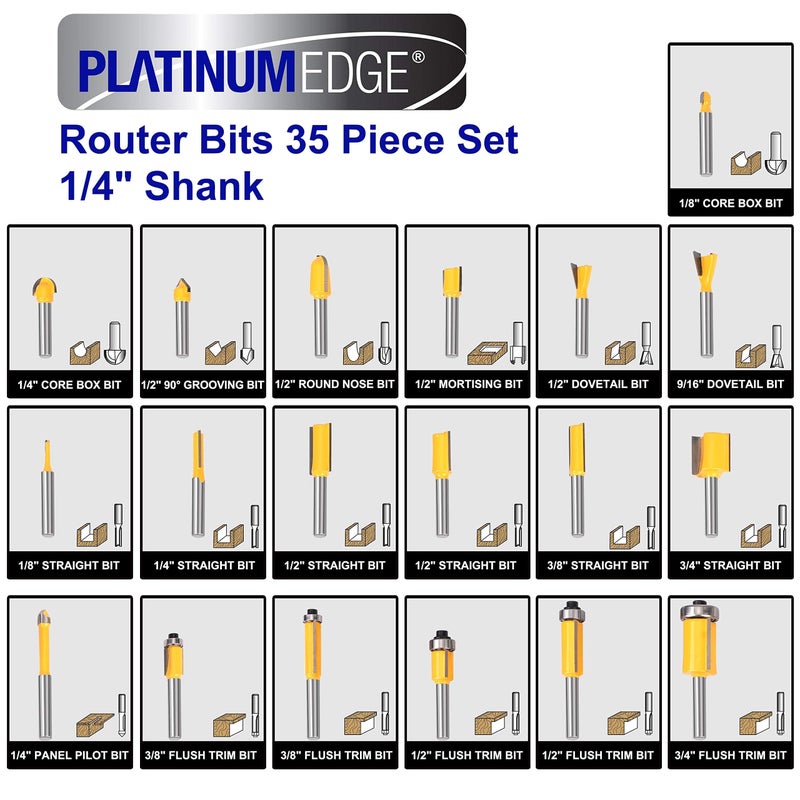 PLATINUMEDGE Router Bits Set, Tungsten Carbide Router Bits Set 1/4 Shank, Router Bit Kit for DIY, Woodworking Project, 35 Piece Set with Premium Aluminum Carry Storage Case - Image 2